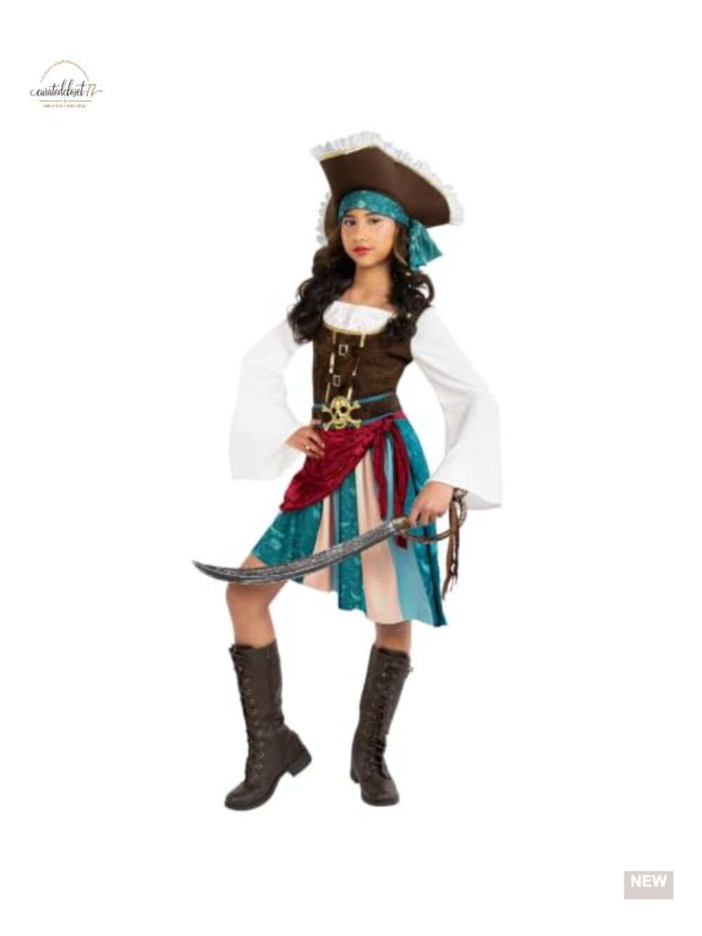 Girls Pirate Costume Dress Belt Hat Headscarf Halloween Dress-Up Set